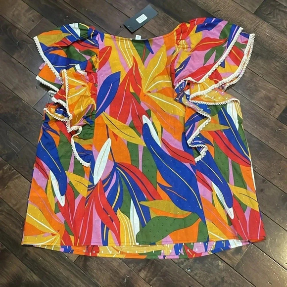 Marc New York Tropical Ruffle Multicolored blouse Cotton Plus Size 2X Flowy NWT - Picture 9 of 11